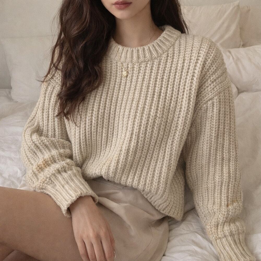 FFC 100% Wool Chunky Knit Sweater Boxy Cropped Ribbed Fisherman Women’s S Cozy